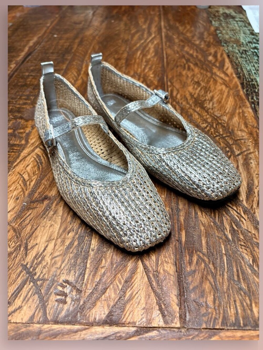 H&M Silver Beige Woven Straw Mesh Mary Jane Ballet Flats Size 38 or US 7
